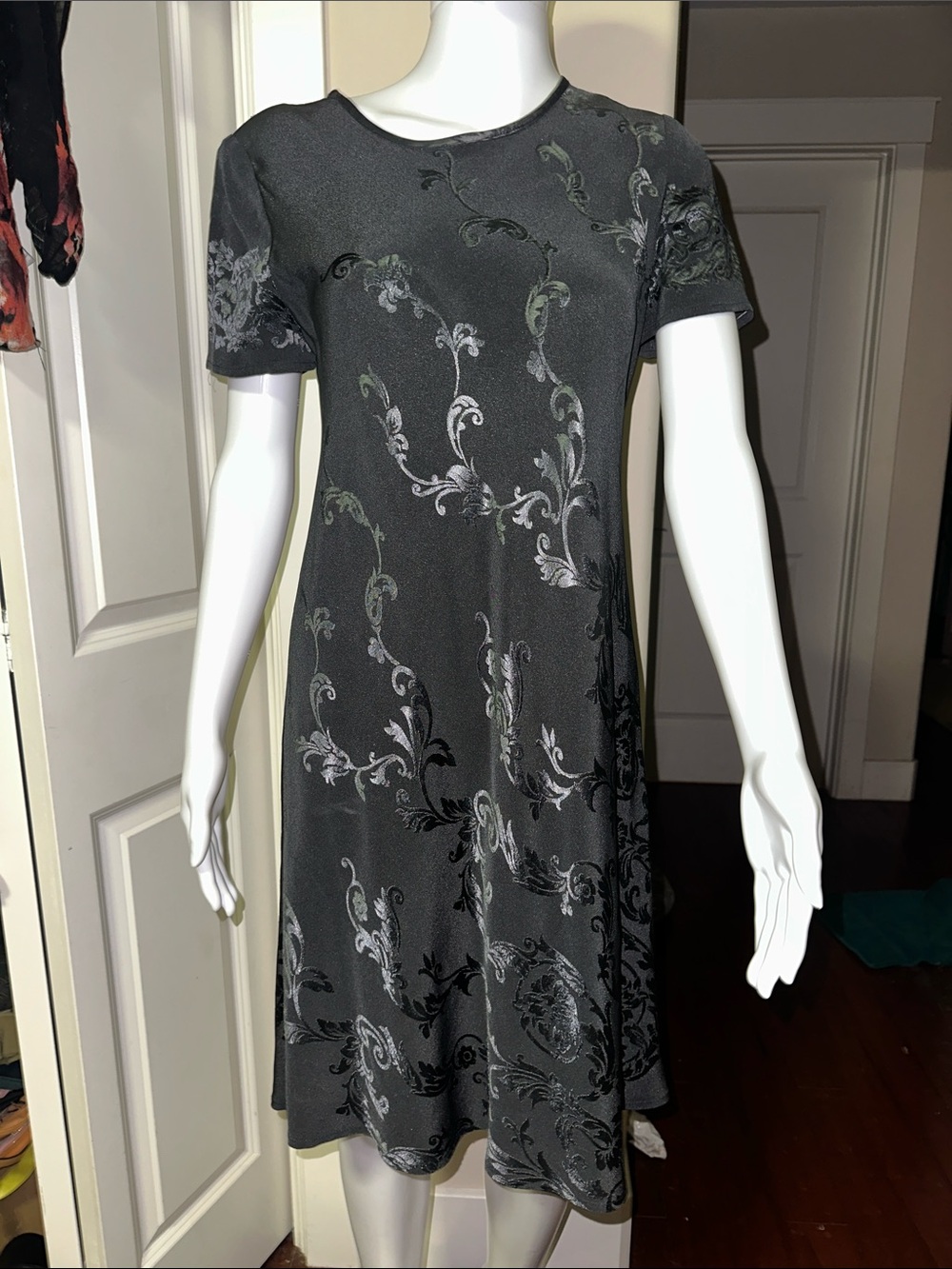 Vtg 90s Carole Little French Fabric Jacquard Scroll Dress 8P Whimsigoth Goth EUC